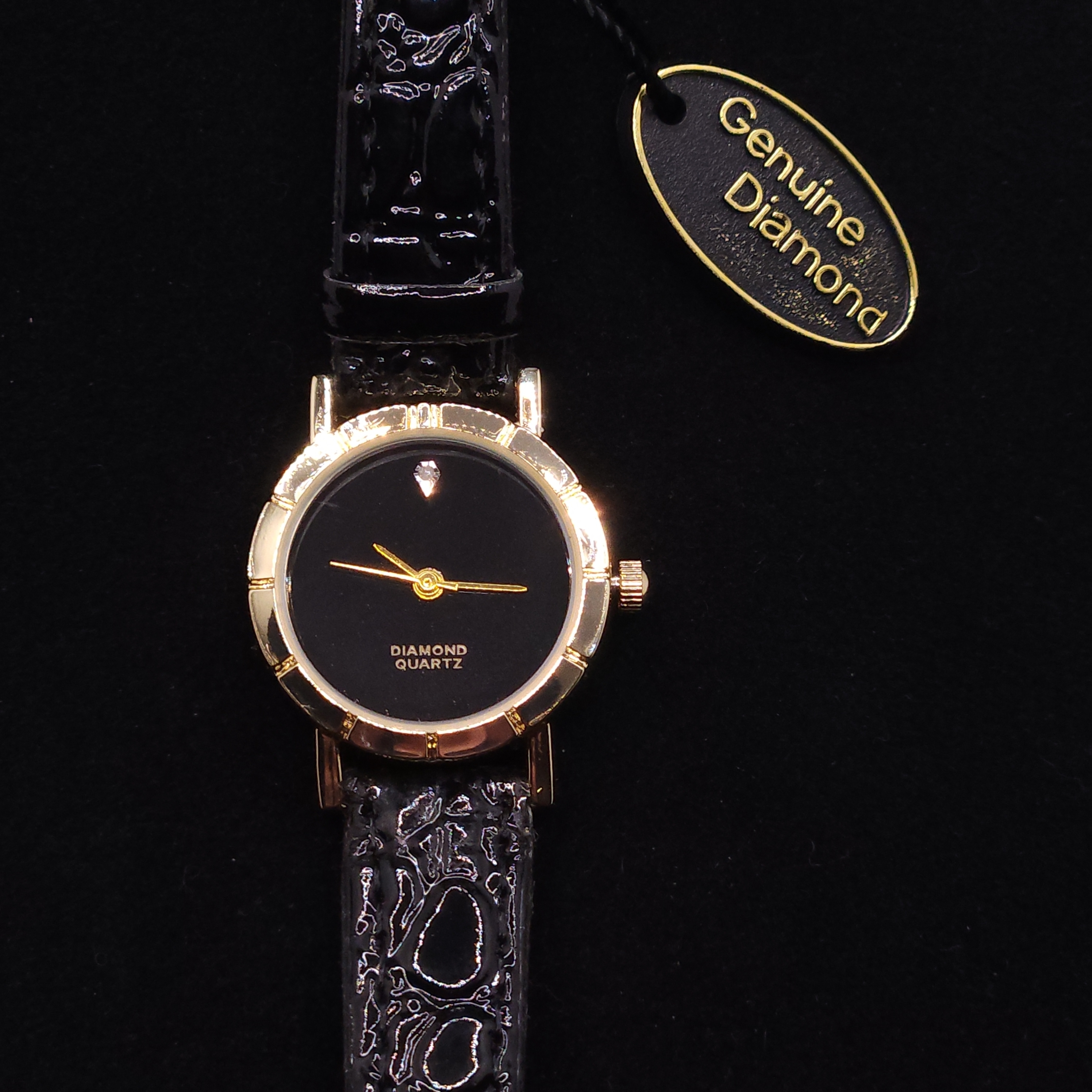 Vintage GoldTone Black Faux Leather Diamond Quartz Ladies Wristwatch Vintage GoldTone Black Faux Leather Diamond Quartz Ladies Wristwatch
